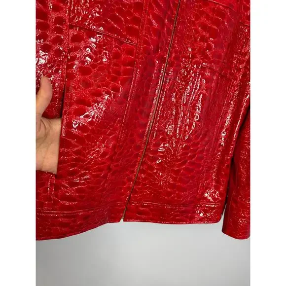 VTG St. John By Marie Gray Red Leather Women's Jacket Crocodile Embossed Sz 14